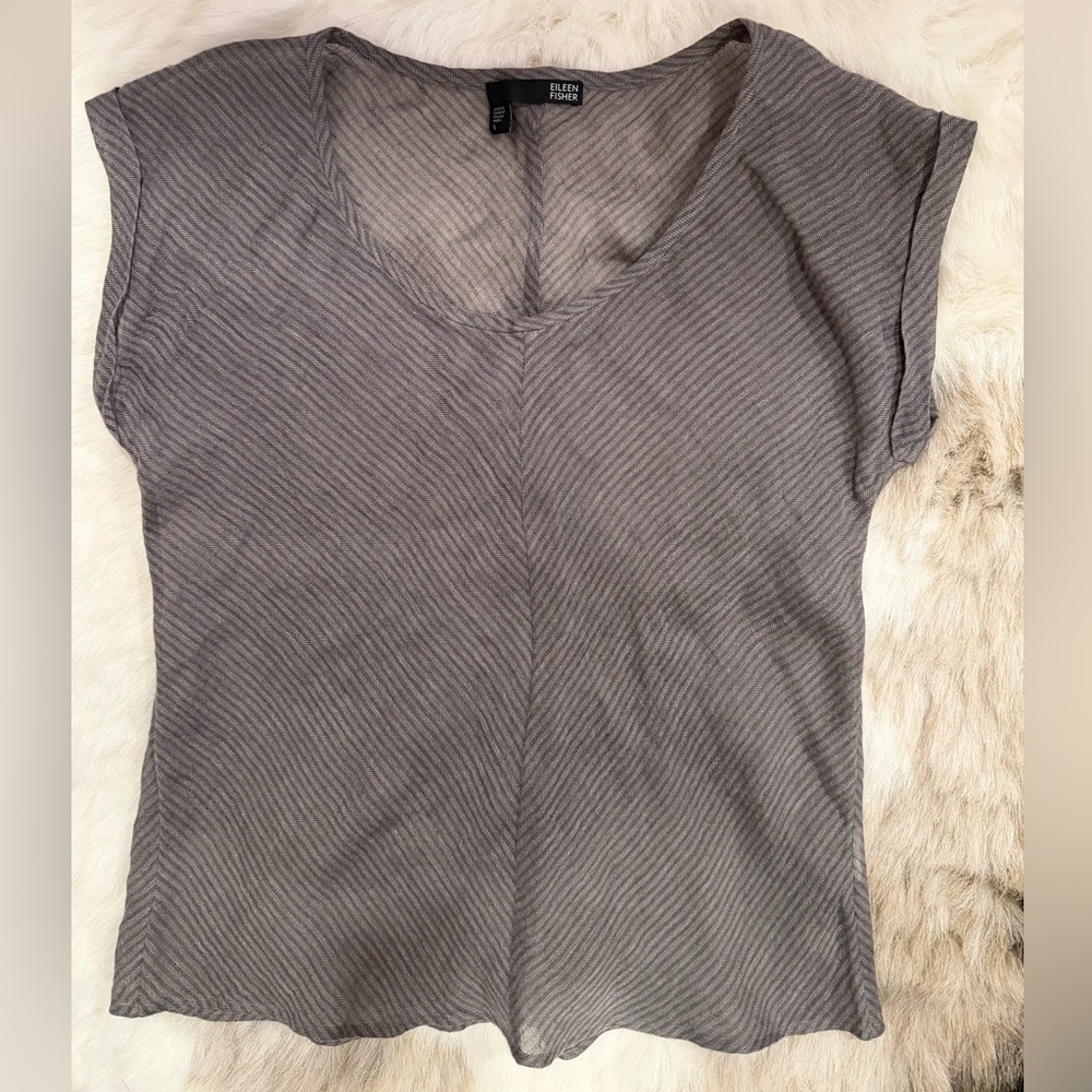 Eileen Fisher Italian linen roll sleeve top brown gray small office